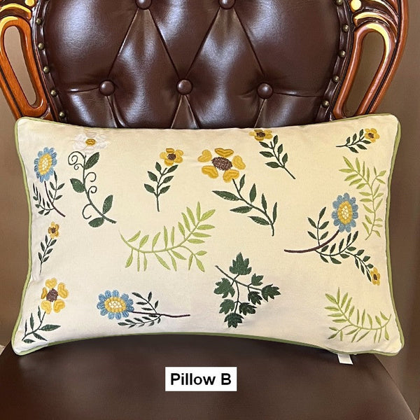 Farmhouse Decorative Throw Pillows, Spring Flower Sofa Decorative Pillows, Embroider Flower Cotton Pillow Covers, Flower Decorative Throw Pillows for Couch-artworkcanvas