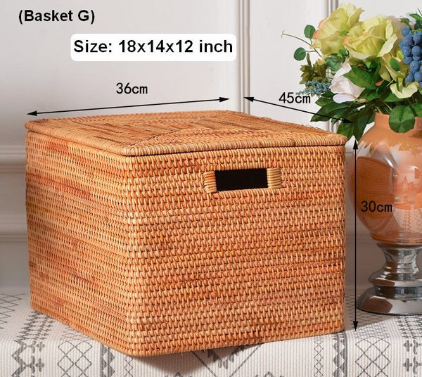 Large Storage Baskets for Clothes, Laundry Woven Baskets, Rattan Storage Baskets for Shelves, Kitchen Storage Baskets, Rectangular Storage Basket with Lid-artworkcanvas