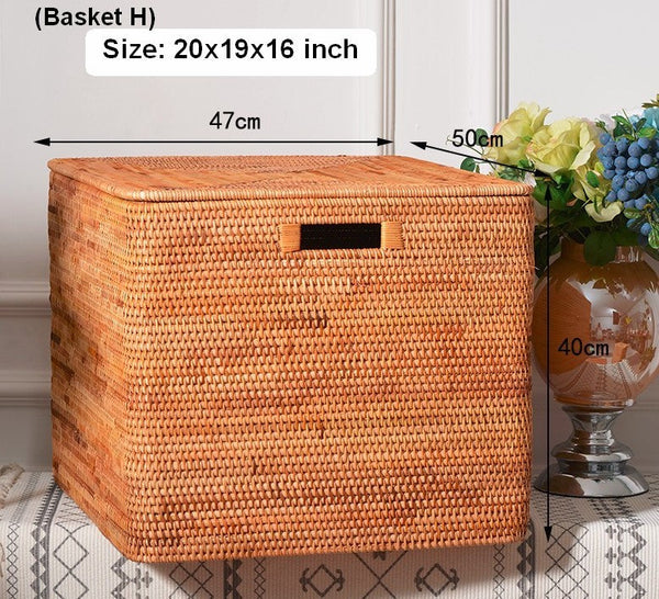 Woven Rectangular Storage Baskets, Rattan Storage Basket with Lid, Storage Baskets for Clothes, Extra Large Storage Baskets for Shelves