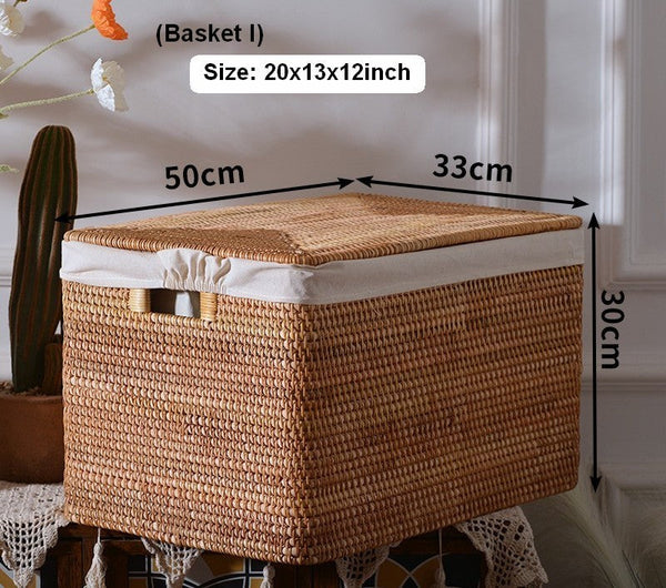 Large Rectangular Storage Baskets for Bathroom, Wicker Storage Basket with Lid, Extra Large Storage Baskets for Clothes, Storage Baskets for Shelves-artworkcanvas