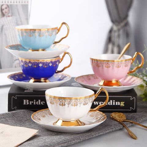 Pink Blue White Bone China Porcelain Tea Cup Set, Unique British Tea Cup and Saucer in Gift Box, Elegant British Ceramic Coffee Cups for Afternoon Tea-artworkcanvas