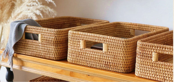 Storage Basket for Shelves, Large Rectangular Storage Baskets, Storage Baskets for Kitchen, Woven Rattan Storage Baskets for Bedroom-artworkcanvas