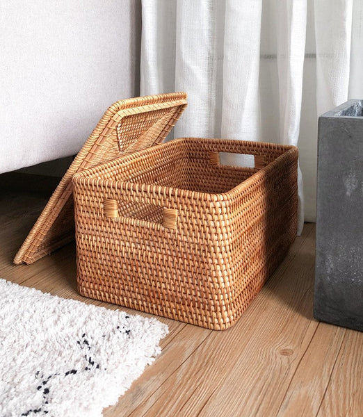 Extra Large Storage Baskets for Shelves, Wicker Rectangular Storage Baskets for Living Room, Rattan Storage Basket with Lid, Storage Baskets for Clothes-artworkcanvas