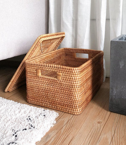 Extra Large Storage Baskets for Shelves, Wicker Rectangular Storage Baskets for Living Room, Rattan Storage Basket with Lid, Storage Baskets for Clothes-artworkcanvas