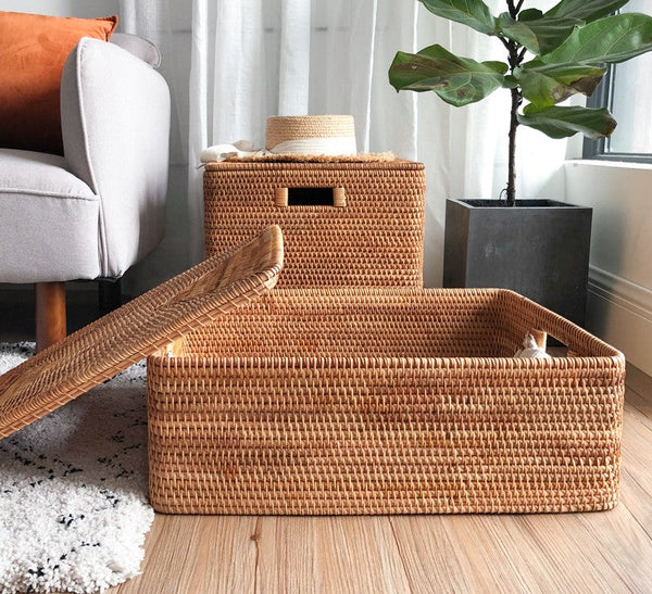 Square Storage Basket with Lid, Extra Large Storage Baskets for Clothes, Rattan Storage Basket for Shelves, Oversized Storage Baskets for Kitchen-artworkcanvas