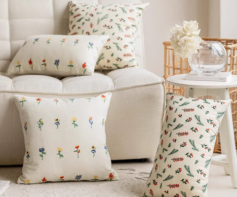 Decorative Pillows for Couch, Farmhouse Decorative Pillows for Sofa, Embroider Flower Cotton Pillow Covers, Spring Flower Decorative Pillows for Bedroom-artworkcanvas