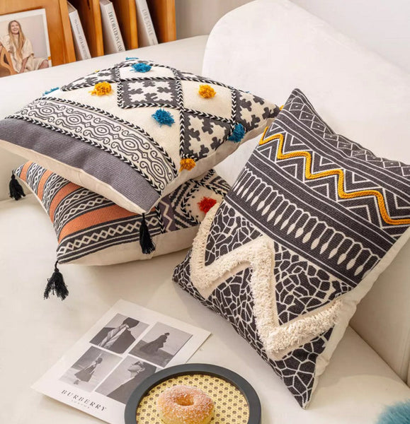 Unique Oriental Square Pillows for Bedroom, Geometric Modern Pillow Covers, Bohemian Decorative Sofa Pillows, Decorative Throw Pillows for Couch-artworkcanvas