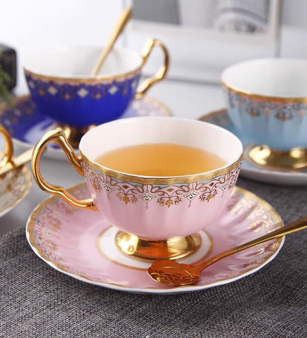 Unique British Tea Cup and Saucer in Gift Box, Pink Blue White Bone China Porcelain Tea Cup Set, Elegant British Ceramic Coffee Cups for Afternoon Tea-artworkcanvas