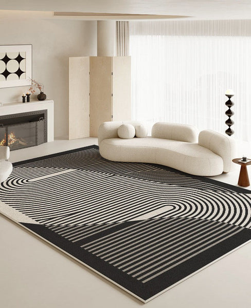 Geometric Contemporary Rugs Next to Bed, Black Stripe Contemporary Modern Rugs, Modern Rugs for Living Room, Modern Rugs for Dining Room-artworkcanvas