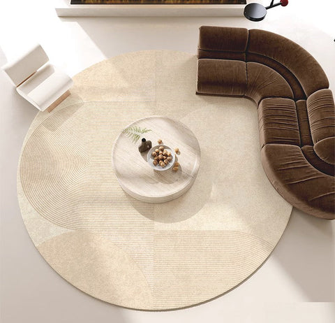 Unique Modern Rugs for Living Room, Geometric Round Rugs for Dining Room, Contemporary Cream Color Rugs for Bedroom, Circular Modern Rugs under Chairs-artworkcanvas