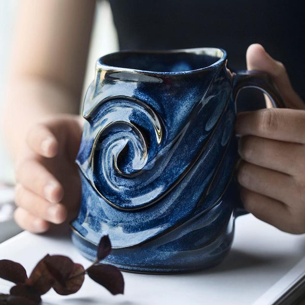 Blue Ceramic Coffee Mug, Stoneware Coffee Mugs, Large Capacity Coffee Cups, Birthday Gifts, Handmade Pottery Coffee Mug-artworkcanvas