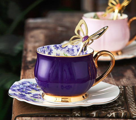 Elegant Purple Ceramic Cups, Unique Coffee Cup and Saucer in Gift Box as Birthday Gift, Beautiful British Tea Cups, Creative Bone China Porcelain Tea Cup Set-artworkcanvas