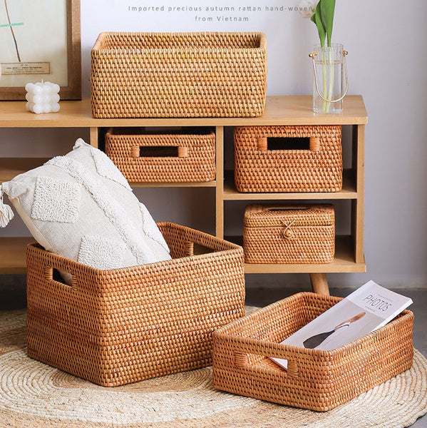 Woven Rattan Storage Baskets for Bedroom, Storage Basket for Shelves, Large Rectangular Storage Baskets for Clothes, Storage Baskets for Kitchen-artworkcanvas