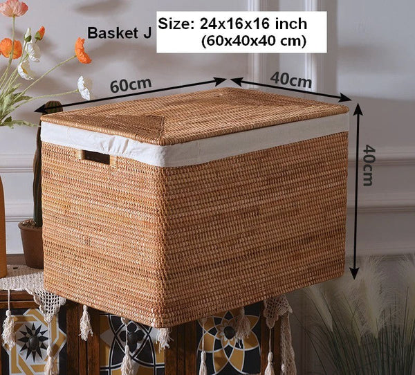 Oversized Rectangular Storage Basket with Lid, Woven Rattan Storage Basket for Shelves, Storage Baskets for Bedroom, Extra Large Storage Baskets for Clothes-artworkcanvas