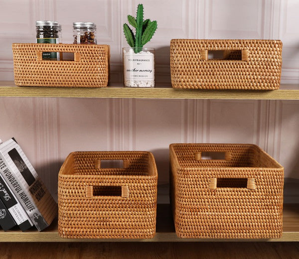 Woven Rattan Storage Baskets for Bedroom, Storage Basket for Shelves, Large Rectangular Storage Baskets for Clothes, Storage Baskets for Kitchen