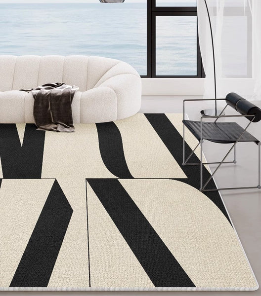 Ultra Modern Rugs for Living Room, Geometric Contemporary Rugs Next to Bed, Black Contemporary Modern Rugs, Modern Rugs for Dining Room-artworkcanvas