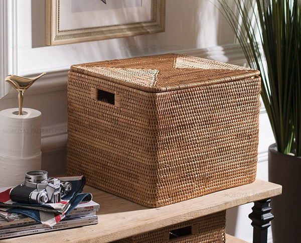 Large Storage Baskets for Clothes, Laundry Woven Baskets, Rattan Storage Baskets for Shelves, Kitchen Storage Baskets, Rectangular Storage Basket with Lid-artworkcanvas