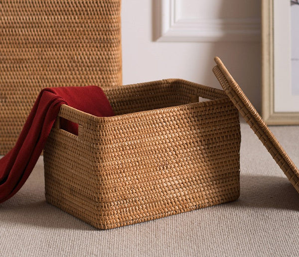 Laundry Storage Baskets for Bathroom, Rectangular Storage Baskets for Clothes, Wicker Storage Baskets for Shelves, Rattan Storage Baskets for Kitchen, Storage Basket with Lid-artworkcanvas