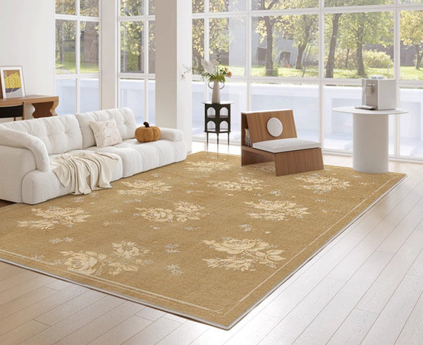 Flower Pattern French Style Modern Rugs for Dining Room, Contemporary Modern Rugs, Mid Century Modern Rugs for Interior Design, Yellow Soft Rugs under Coffee Table-artworkcanvas