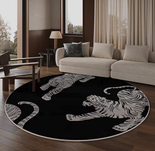 Modern Rugs for Dining Room, Tiger Black Modern Rugs for Bathroom, Abstract Contemporary Round Rugs, Circular Modern Rugs under Coffee Table-artworkcanvas