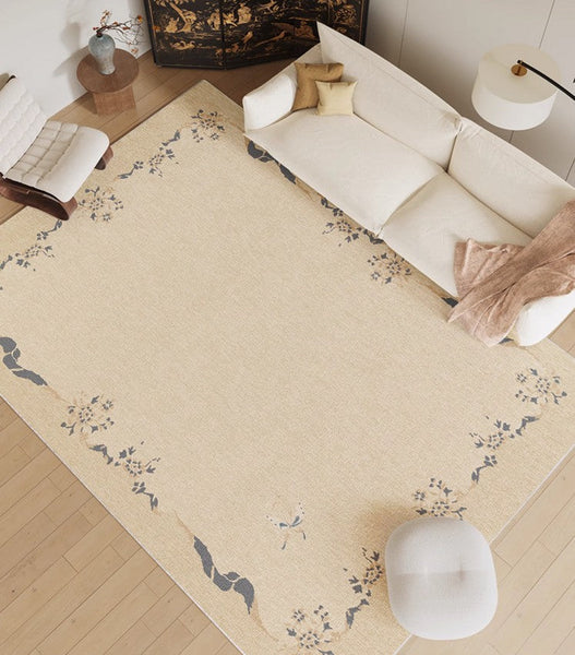 Cream Color Flower Pattern Rugs under Coffee Table, Large Modern Rugs for Bedroom, Modern Rugs for Living Room, Contemporary Modern Rugs for Dining Room-artworkcanvas