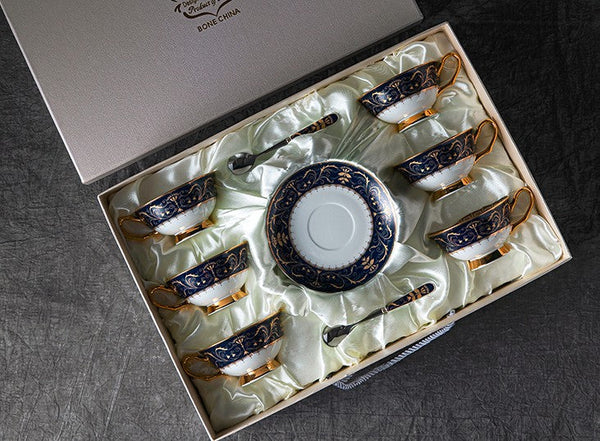 Unique Blue Tea Cup and Saucer in Gift Box, Blue Bone China Porcelain Tea Cup Set, Royal Ceramic Cups, Elegant Ceramic Coffee Cups-artworkcanvas