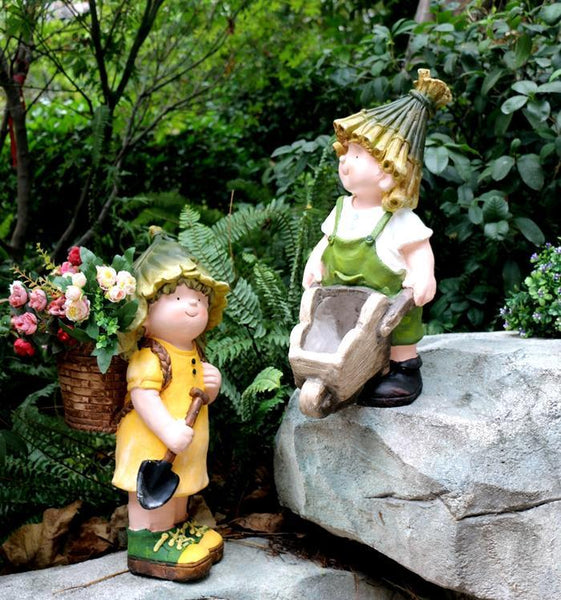 Large Boy Cart and Girl Carry Basket Statues, Flower Pot, Garden Courtyard Ornament, Gardening Ideas, House Warming Gift-artworkcanvas