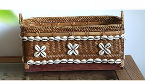 Indonesia Hand Woven Storage Basket, Natural Bamboo and Sea Shell Baskets-artworkcanvas