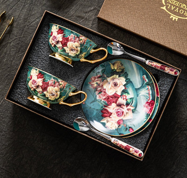 Rose Royal Ceramic Cups, Elegant Flower Ceramic Coffee Cups, Afternoon Bone China Porcelain Tea Cup Set, Unique Tea Cups and Saucers in Gift Box-artworkcanvas