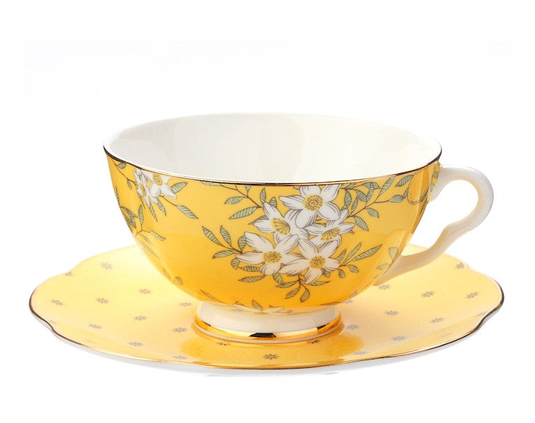 Creative Yellow Ceramic Coffee Cups, Unique Flower Coffee Cups and Saucers, Beautiful British Tea Cups, Creative Bone China Porcelain Tea Cup Set-artworkcanvas