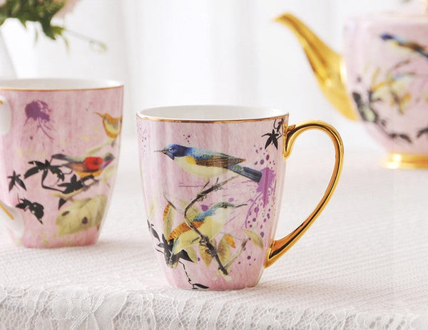 Elegant Pink Ceramic Coffee Mug, Beautiful Bird Flower Ceramic Mug, Large Creative Bone China Porcelain Mug, Large Capacity Ceramic Mugs for Office-artworkcanvas