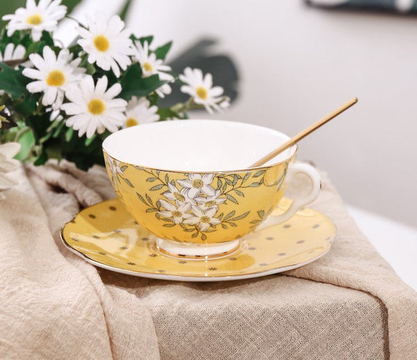 Creative Yellow Ceramic Coffee Cups, Unique Flower Coffee Cups and Saucers, Beautiful British Tea Cups, Creative Bone China Porcelain Tea Cup Set-artworkcanvas