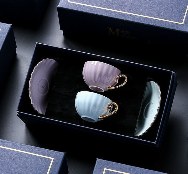 French Style Tea Cups and Saucers in Gift Box as Birthday Gift, Elegant Macaroon Ceramic Coffee Cups, Creative Bone China Porcelain Tea Cup Set, Beautiful British Tea Cups-artworkcanvas