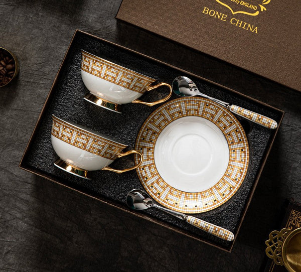 Handmade Elegant British Ceramic Coffee Cups, Unique Tea Cup and Saucer in Gift Box, Bone China Porcelain Tea Cup Set for Office, Yellow Ceramic Cups-artworkcanvas