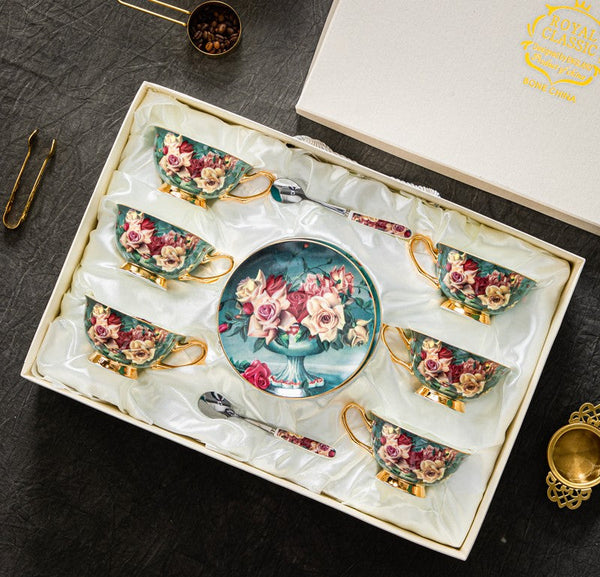 Rose Royal Ceramic Cups, Elegant Flower Ceramic Coffee Cups, Afternoon Bone China Porcelain Tea Cup Set, Unique Tea Cups and Saucers in Gift Box-artworkcanvas