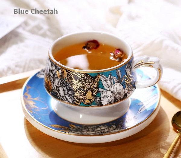 Handmade Ceramic Cups with Gold Trim and Gift Box, Jungle Tiger Cheetah Porcelain Coffee Cups, Creative Ceramic Tea Cups and Saucers-artworkcanvas