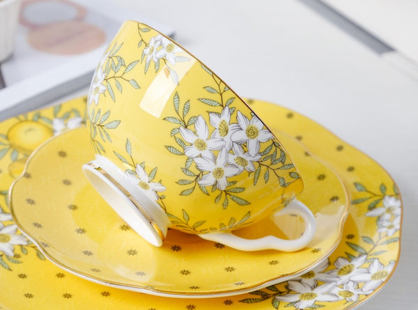 Creative Yellow Ceramic Coffee Cups, Unique Flower Coffee Cups and Saucers, Beautiful British Tea Cups, Creative Bone China Porcelain Tea Cup Set-artworkcanvas