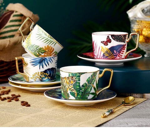 Handmade Coffee Cups with Gold Trim and Gift Box, Tea Cups and Saucers, Jungle Tiger Porcelain Coffee Cups-artworkcanvas