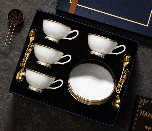 Elegant British Ceramic Coffee Cups, Bone China Porcelain Coffee Cup Set, White Ceramic Cups, Unique Tea Cup and Saucer in Gift Box-artworkcanvas