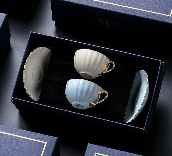 French Style Tea Cups and Saucers in Gift Box as Birthday Gift, Elegant Macaroon Ceramic Coffee Cups, Creative Bone China Porcelain Tea Cup Set, Beautiful British Tea Cups-artworkcanvas