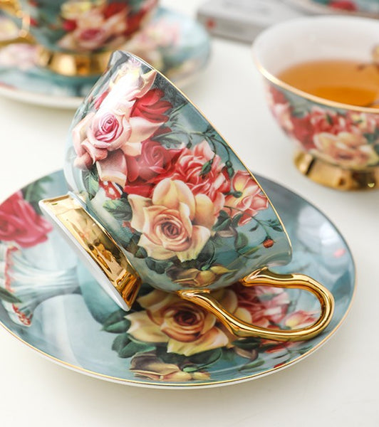 Rose Royal Ceramic Cups, Elegant Flower Ceramic Coffee Cups, Afternoon Bone China Porcelain Tea Cup Set, Unique Tea Cups and Saucers in Gift Box-artworkcanvas