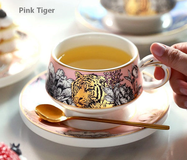 Handmade Ceramic Cups with Gold Trim and Gift Box, Jungle Tiger Cheetah Porcelain Coffee Cups, Creative Ceramic Tea Cups and Saucers-artworkcanvas