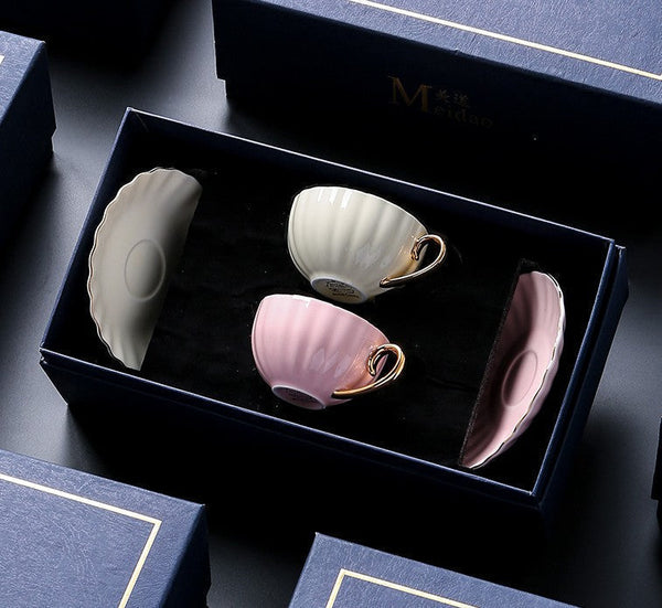 French Style Tea Cups and Saucers in Gift Box as Birthday Gift, Elegant Macaroon Ceramic Coffee Cups, Creative Bone China Porcelain Tea Cup Set, Beautiful British Tea Cups-artworkcanvas