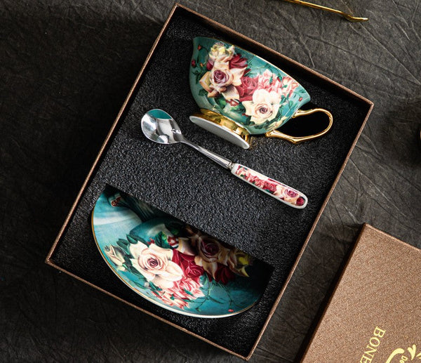 Rose Royal Ceramic Cups, Elegant Flower Ceramic Coffee Cups, Afternoon Bone China Porcelain Tea Cup Set, Unique Tea Cups and Saucers in Gift Box-artworkcanvas