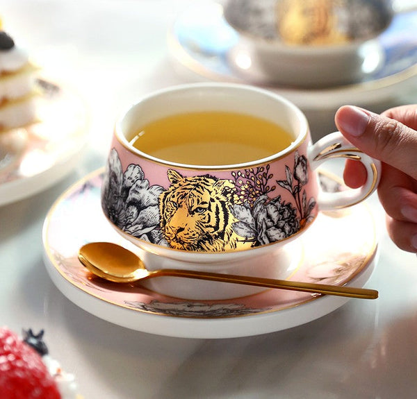 Handmade Ceramic Cups with Gold Trim and Gift Box, Jungle Tiger Cheetah Porcelain Coffee Cups, Creative Ceramic Tea Cups and Saucers-artworkcanvas