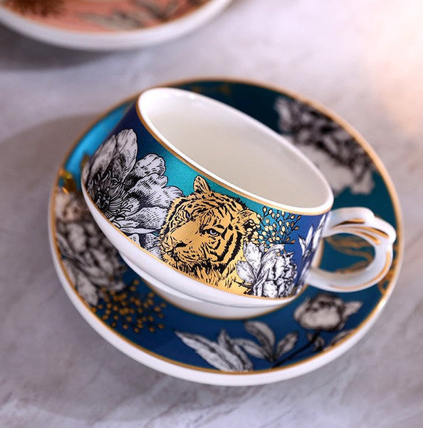 Handmade Ceramic Cups with Gold Trim and Gift Box, Jungle Tiger Cheetah Porcelain Coffee Cups, Creative Ceramic Tea Cups and Saucers-artworkcanvas