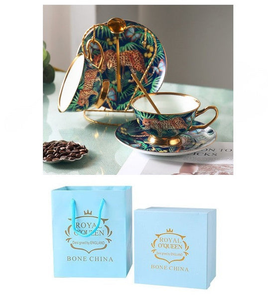 Creative Leopard Ceramic Coffee Cups, Unique Tea Cups and Saucers in Gift Box as Birthday Gift, Beautiful British Tea Cups, Creative Bone China Porcelain Tea Cup Set-artworkcanvas