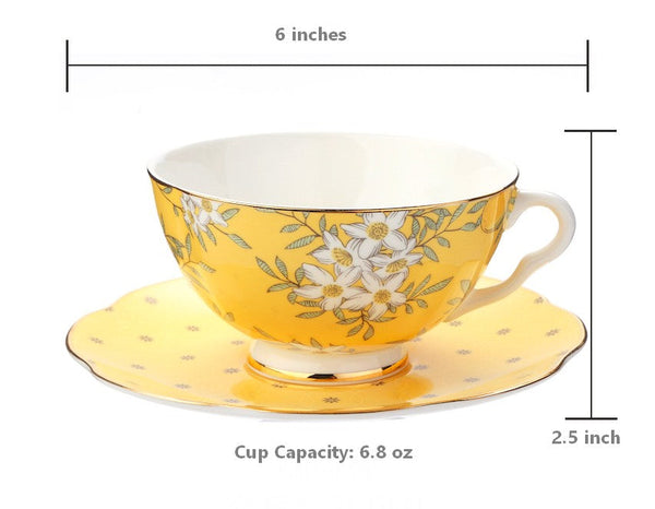 Creative Yellow Ceramic Coffee Cups, Unique Flower Coffee Cups and Saucers, Beautiful British Tea Cups, Creative Bone China Porcelain Tea Cup Set-artworkcanvas