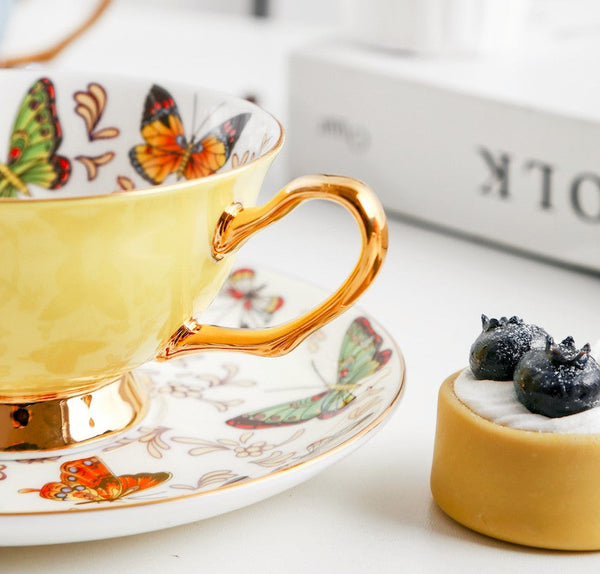 Unique Butterfly Coffee Cups and Saucers, Creative Butterfly Ceramic Coffee Cups, Beautiful British Tea Cups, Creative Bone China Porcelain Tea Cup Set-artworkcanvas