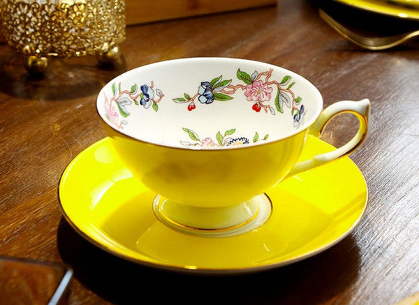 Elegant Yellow Ceramic Cups, Unique Royal Coffee Cup and Saucer, Beautiful British Tea Cups, Creative Bone China Porcelain Tea Cup Set-artworkcanvas